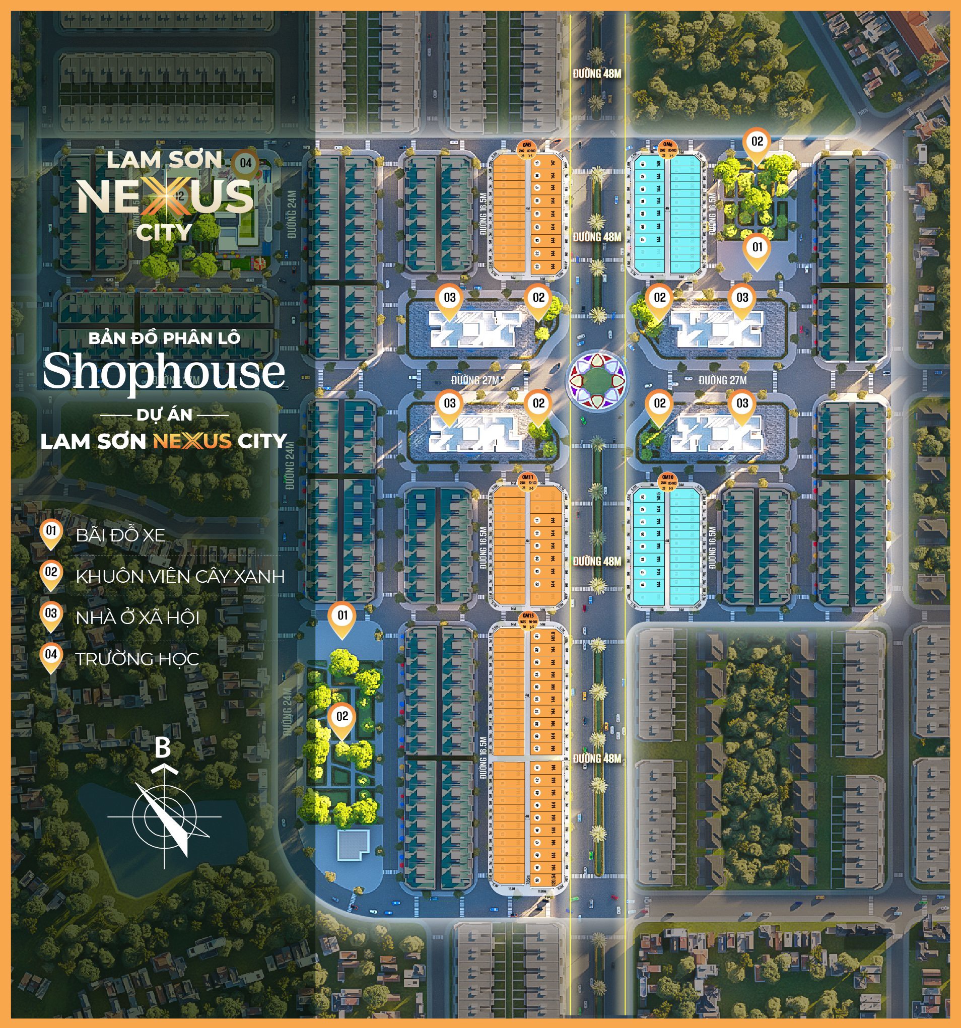 Sơ đồ phân lô thể hiện dãy Shophouse lam sơn nexus city